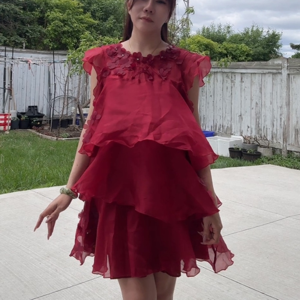 Elegant Red Layered Dress with Floral Accents